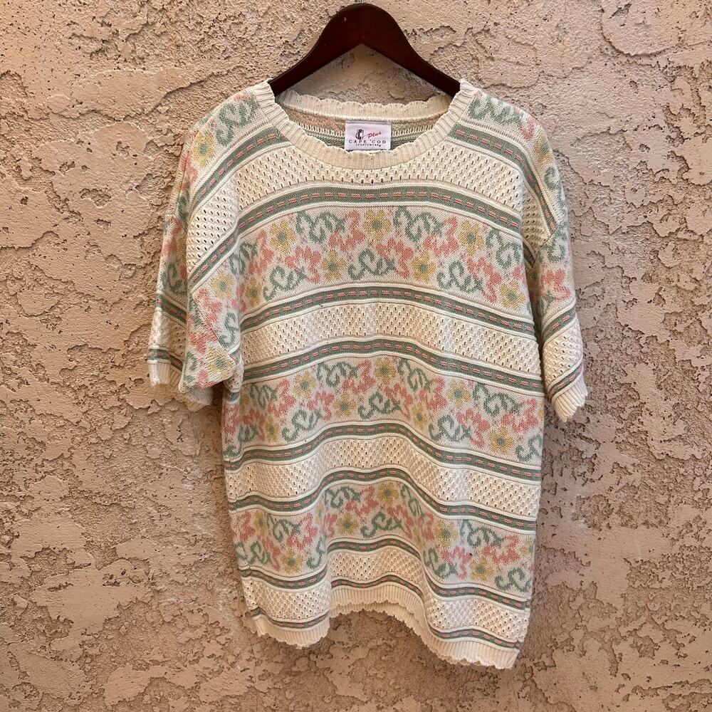 Vintage Cape Cod Sportswear Pastel Floral Open Knit Sweater Size Large